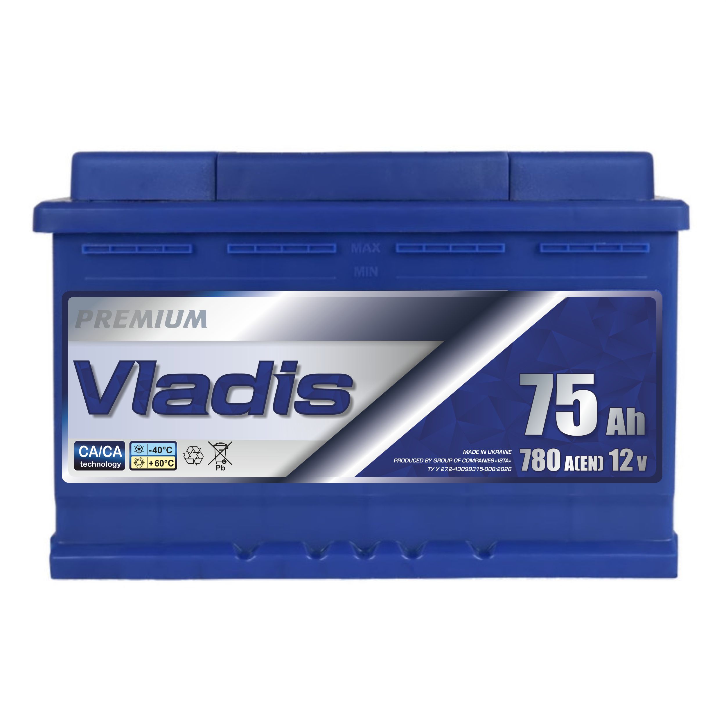 Акумулятор VLADIS PREMIUM 6СТ - 75Аh, 780A, плюс справа (R+), 278x175x190мм